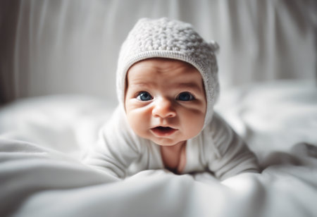 Baby is laying on a bed with a white hat on. The baby is smiling and looking at the cameraの素材