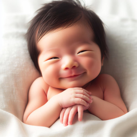 Baby is smiling and has its hands clasped together. The baby is laying on a white blanketの素材