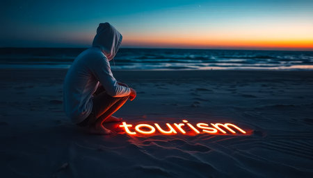 Person is sitting on the beach and the word tourism is written in red letters on the sandの素材