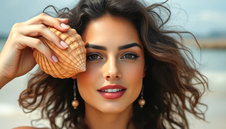 Woman holding a shell in front of her face. She is wearing earrings and has red lipstickの素材