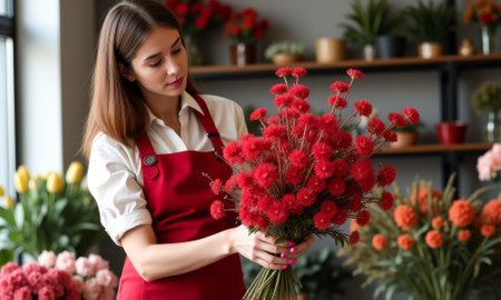 Woman in a red apron holding a bouquet of red flowers. She is standing in a flower shopの素材
