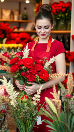 Woman in a red dress is holding a bouquet of red flowers. She is standing in a flower shopの素材