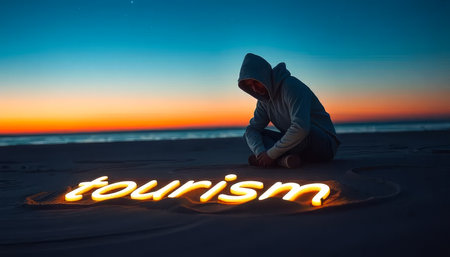 Man is sitting on the beach and the word tourism is written in the sand. The word is in a different color than the sandの素材