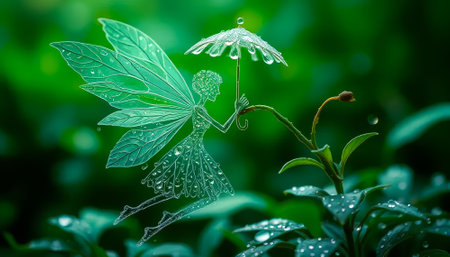 Fairy is holding an umbrella in a green leafy plant. The fairy is surrounded by water dropletsの素材