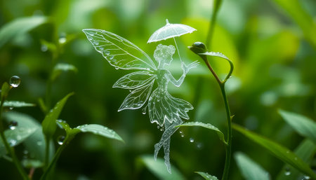 Fairy is sitting on a leaf with a glassy surface. The fairy is holding an umbrellaの素材