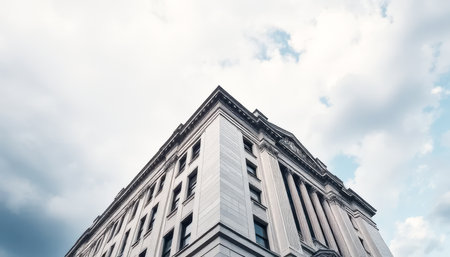 Large building with a white roof and a cloudy sky. The building has a lot of windowsの素材
