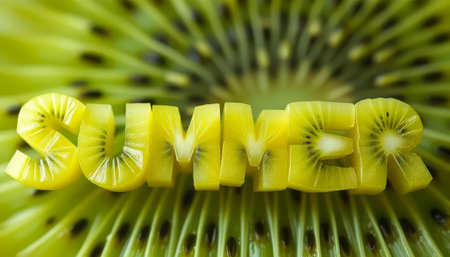 The word summer is written in the shape of a kiwi fruit. The letters are made from the slices of the fruitの素材