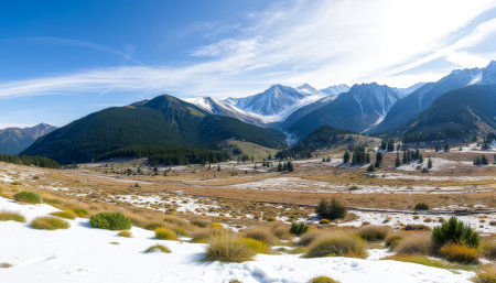 Snowy mountain range with a clear blue sky. The mountains are covered in snowの素材