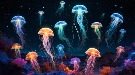 Group of colorful jellyfish are floating in the water. There are at least 13 jellyfish in the imageの素材