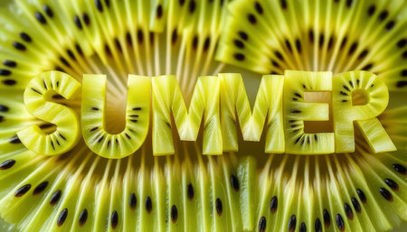 Kiwi fruit with the word summer written on it. The letters are cut out of the fruitの素材
