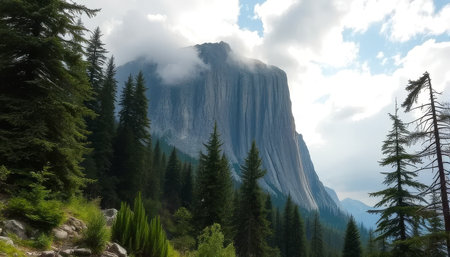Mountain with a cloud on top. There are trees on the mountain. The mountain is very tallの素材