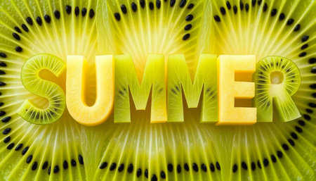 Kiwi fruit with the letters summer written on it.の素材