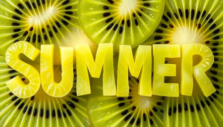 The word summer is written in yellow letters on a green background. The letters are made up of slices of kiwi fruitの素材