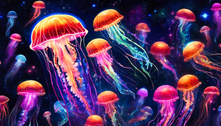Colorful jellyfish with a rainbow tail is shown in the sky. There are many jellyfish in the sky, some of which are orange and some are purpleの素材