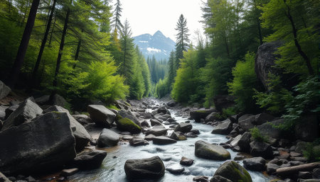 River with rocks and trees. The water is clear and the rocks are scattered throughout the riverの素材
