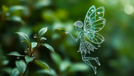 Fairy is holding a leaf in her hand. The fairy is surrounded by green leavesの素材