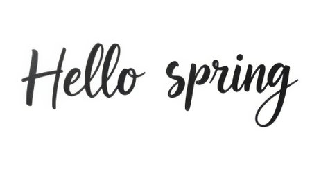 Hello spring is written in cursive style. It is a white and black font. The letters are large and boldの素材