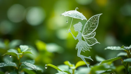 Fairy is holding an umbrella. The umbrella is made of glass. The fairy is surrounded by green leavesの素材