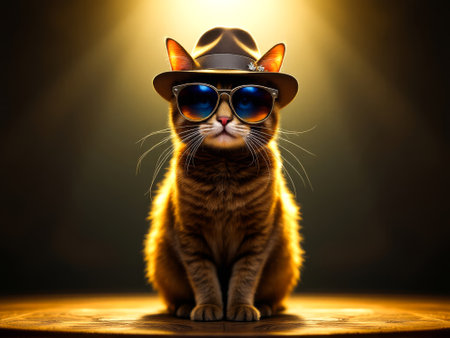 Cat wearing sunglasses and a hat is sitting on a wooden floor. The cat is looking at the camera with a confident and cool demeanor. The image has a playful and lighthearted moodの素材