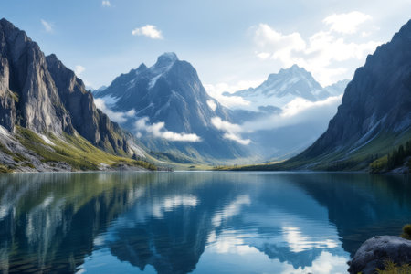 Beautiful mountain lake with a clear blue water reflecting the mountains. The sky is clear and the mountains are covered in snow. The scene is peaceful and serene, making it a perfect place to relaxの素材