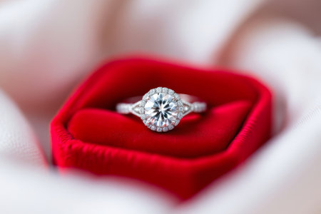 Diamond ring is in a red velvet box. The ring is white and has a halo design. Concept of luxury and romanceの素材
