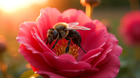 Bee is sitting on a red flower. The flower is surrounded by other flowers, and the sun is shining on it. Concept of warmth and beauty, as the bee and the flower are both vibrant and colorfulの素材
