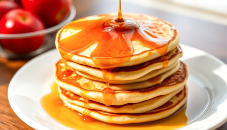 Stack of pancakes with syrup on top. The plate is white and the pancakes are golden brownの素材