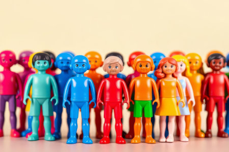 Group of people are standing in a line, with some of them wearing different colored clothes. The scene is bright and cheerful, with the people standing close together and looking at the cameraの素材