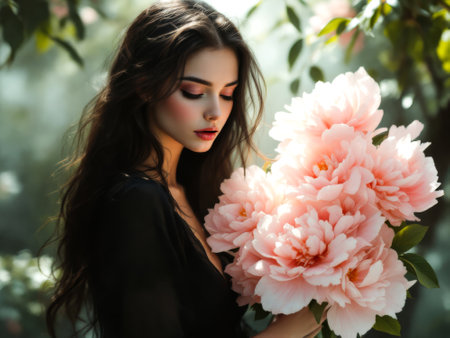 Woman is holding a bouquet of pink flowers. The flowers are in full bloom and are arranged in a way that makes them look like they are floating. The woman is standing in a forestの素材