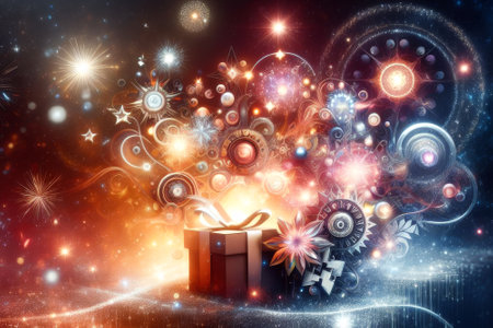 Box is opened in a colorful explosion of fireworks. The box is red and white. The fireworks are in the background and are in various colorsの素材