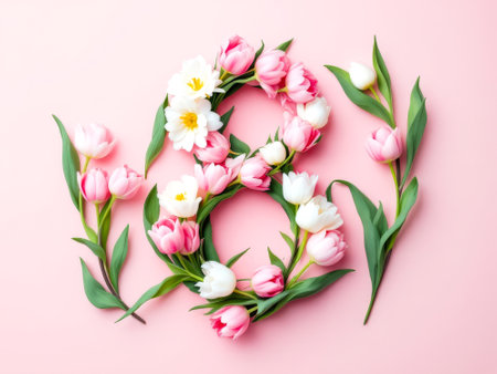 Flower arrangement with the number 8 in the center. The flowers are pink and whiteの素材