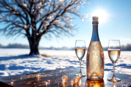 Bottle of champagne is on a table with two wine glasses. The bottle is half full and the glasses are fullの素材