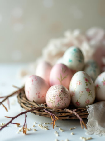 Basket of eggs with pink and white designs on them. There are 12 eggs in the basketの素材