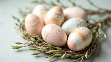 Basket of painted eggs with gold and pink stripes. The eggs are in a nest made of twigsの素材