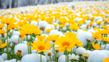 Field of yellow flowers covered in snow. The snow is white and covers the flowersの素材