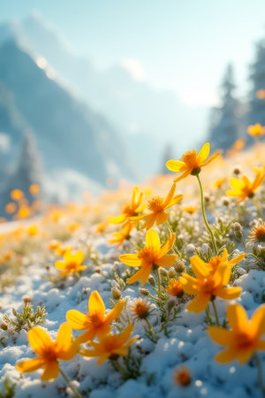 Beautiful field of yellow flowers covered in snow. The flowers are small and scattered throughout the field, with some of them being closer to the foreground and others further backの素材