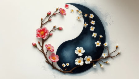 Painting of a flower with a black and white circle in the middle. The circle is surrounded by pink flowersの素材