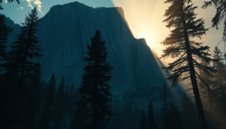 Mountain with trees in the background. The sun is shining on the mountain. The sun is in the skyの素材