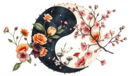 Flowery design with a black circle in the middle. The circle is surrounded by flowers and leavesの素材
