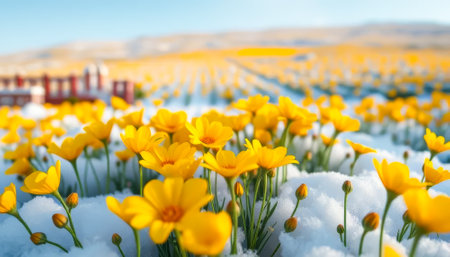 Field of yellow flowers with snow on the ground. There are many flowers in the fieldの素材