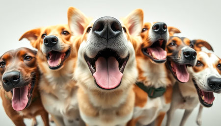Five dogs are standing in a row, all with their mouths open and tongues hanging out. They are all smiling and seem to be enjoying the momentの素材