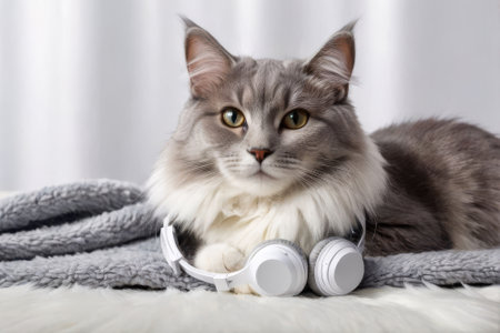 Cat wearing headphones is laying on a blanket. The cat is wearing a white headsetの素材