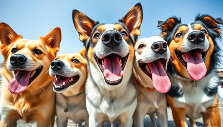 Five dogs are standing in a row, all with their tongues out. They are all smiling and looking at the cameraの素材