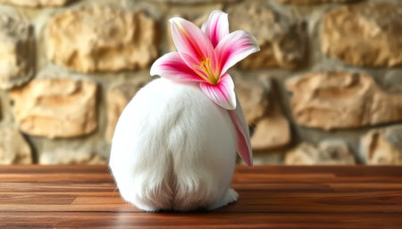 White rabbit with a pink flower on its head. The rabbit is sitting on a wooden tableの素材