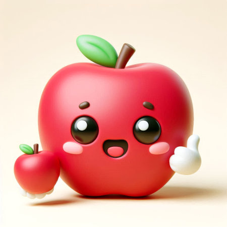 Cartoon apple with a green leaf on top. The apple is smiling and holding a green appleの素材