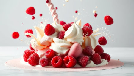 Dessert with whipped cream and strawberries on top. The strawberries are scattered all over the dessert. The whipped cream is also spread outの素材