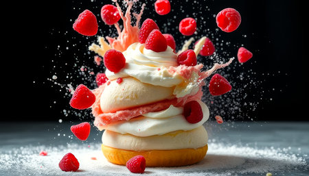 Delicious dessert with a fluffy white frosting and a generous amount of fresh raspberries on top. The raspberries are scattered all over the cake, creating a beautiful and appetizing presentationの素材