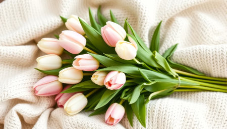 Bouquet of pink and white tulips on a white blanket. The flowers are fresh and greenの素材