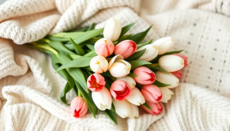 Bouquet of white and pink tulips on a white blanket. The flowers are arranged in a vaseの素材