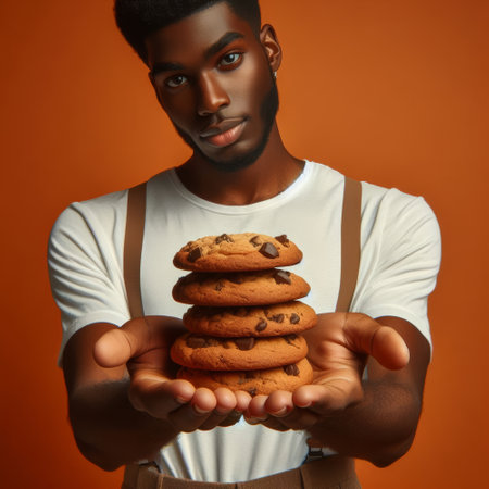 Man is holding a stack of chocolate chip cookies. The cookies are piled on top of each otherの素材